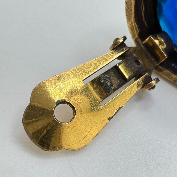 Cobalt Blue Earrings Vintage Crystal Textured Gold Tone Round Clip-On - Picture 10 of 13